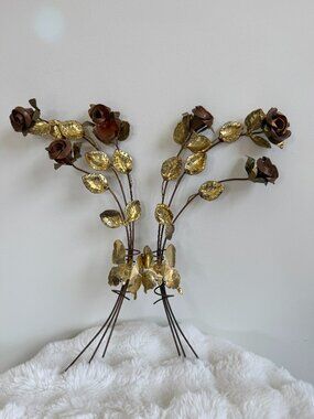 Vintage Wall Hanging Sculpture Art Brass Copper Metal Rose Butterfly Set of 2